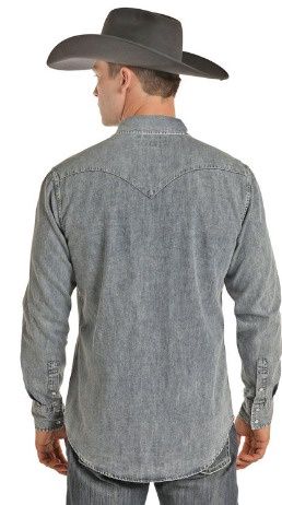 B2S2311 UNISEX ROCK &amp; ROLL 2-POCKET LIGHT DENIM SOLID LONG-SLEEVE SNAP WESTERN SHIRT