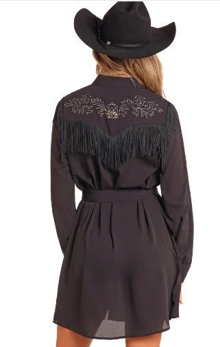 BWD2R04473 WOMEN'S ROCK &amp; ROLL BLACK EMBROIDERED DRESS WITH FRINGE