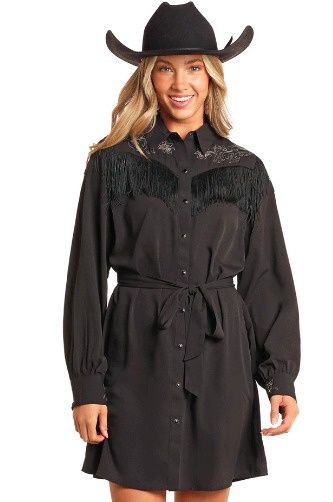 BWD2R04473 WOMEN&#39;S ROCK &amp; ROLL BLACK EMBROIDERED DRESS WITH FRINGE