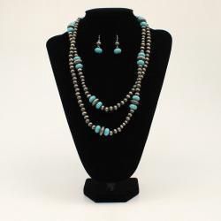 30427 BLAZIN&#39; ROXX DOUBLE STRAND SILVER &amp; TURQUOISE BEADS JEWELRY SET