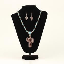 D450020633 SILVER STRIKE CACTUS CHEETAH BEADED TURQUOISE NECKLACE SET