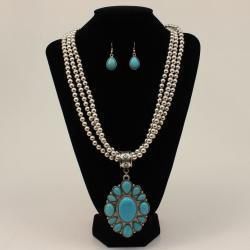 D4500200 SILVER STRIKE TRIPLE STRAND BEADED TURQUOISE PENDANT JEWELRY SET