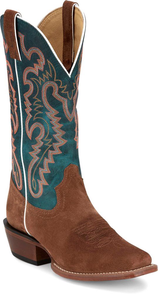 FN4121 WOMEN&#39;S JUSTIN 13&quot; BLUE OASIS GOAT SHAFT &amp; SEDONA TAN SUEDE SQUARE TOE WESTERN BOOT