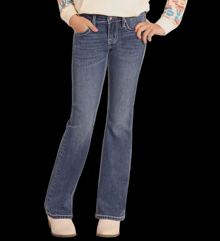 BG4MD04798 GIRL'S ROCK &amp; ROLL BOOT CUT JEAN WITH COWHIDE EMBELLISHMENTS ON POCKETS