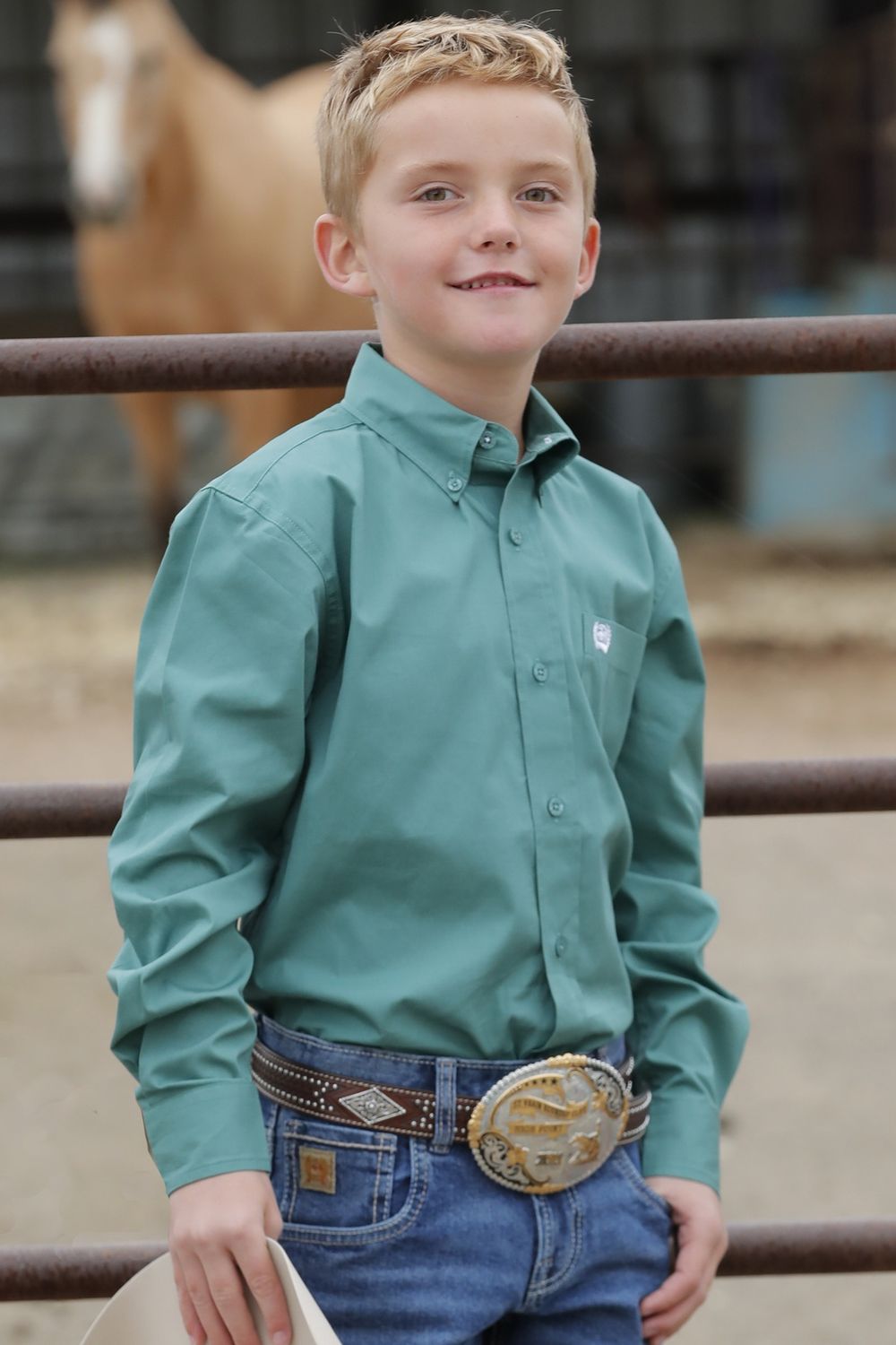 MTW7060355 BOY&#39;S CINCH GREEN LONG-SLEEVE SOLID BUTTON-DOWN WESTERN SHIRT