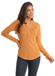LW22T05165 WOMEN&#39;S PANHANDLE MUSTARD LONG-SLEEVE RAW EDGE HENLEY