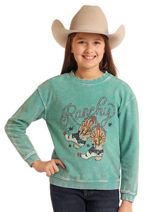BG91T05450 GIRL&#39;S ROCK &amp; ROLL TURQUOISE RIBBED PULLOVER