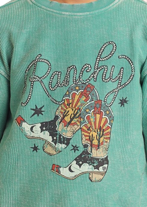 BG91T05450 GIRL'S ROCK &amp; ROLL TURQUOISE RIBBED PULLOVER