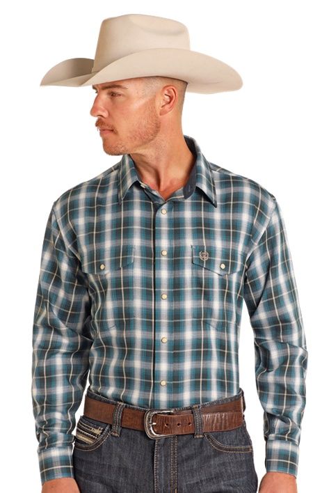 PMN2S04832 MEN&#39;S PANHANDLE LONG-SLEEVE TEAL TWILL PLAID SNAP WESTERN SHIRT