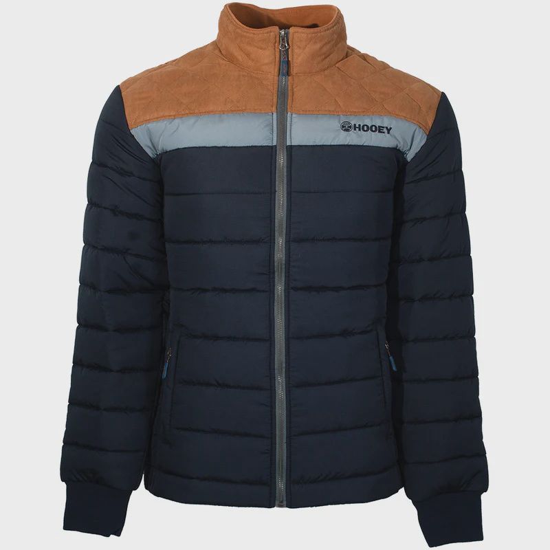 HJ127NVTN MEN&#39;S HOOEY NAVY &amp; TAN PUFFER JACKET WITH LIGHT BLUE YOKE