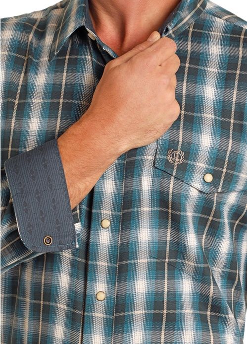 PMN2S04832 MEN'S PANHANDLE LONG-SLEEVE TEAL TWILL PLAID SNAP WESTERN SHIRT