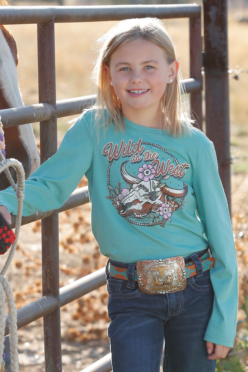 CTK8990002 GIRL&#39;S CRUEL GIRL TURQUOISE &quot;WILD AS THE WEST&quot; GRAPHIC LONG-SLEEVE TEE