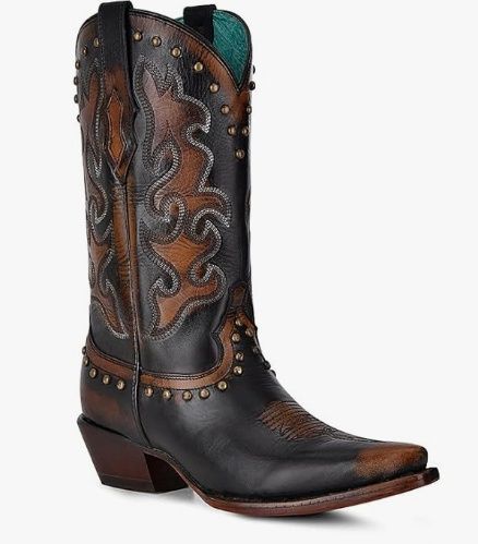 F1338 WOMEN&#39;S CORRAL 12&quot; BLACK-BRONZE SNIP-TOE WESTERN FASHION BOOT W/ EMBROIDERY &amp; STUDS