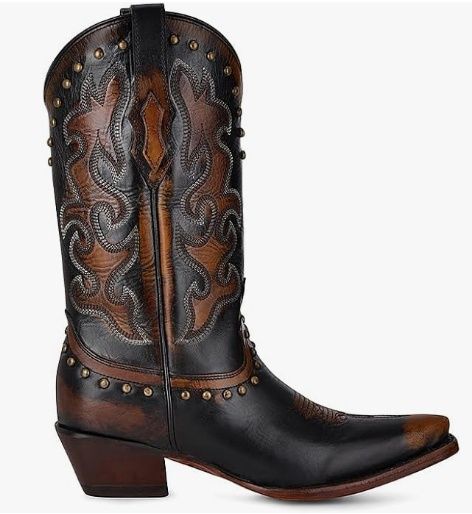 F1338 WOMEN'S CORRAL 12" BLACK-BRONZE SNIP-TOE WESTERN FASHION BOOT W/ EMBROIDERY &amp; STUDS