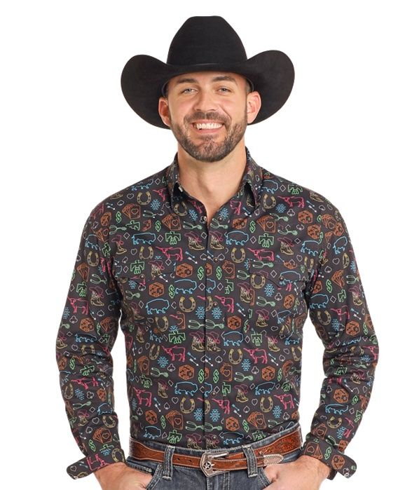 RMN2S03847 MEN&#39;S PANHANDLE BLACK LONG-SLEEVE PEARL SNAP WESTERN SHIRT WITH NEON WESTERN GRAPHICS PRINT