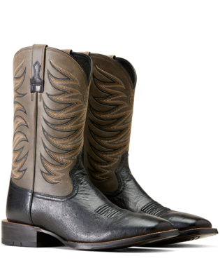 10046953 MEN&#39;S ARIAT 11&quot; JET BLACK SMOOTH QUILL OSTRICH / SMOKEY GRAY BADLANDS WESTERN BOOT