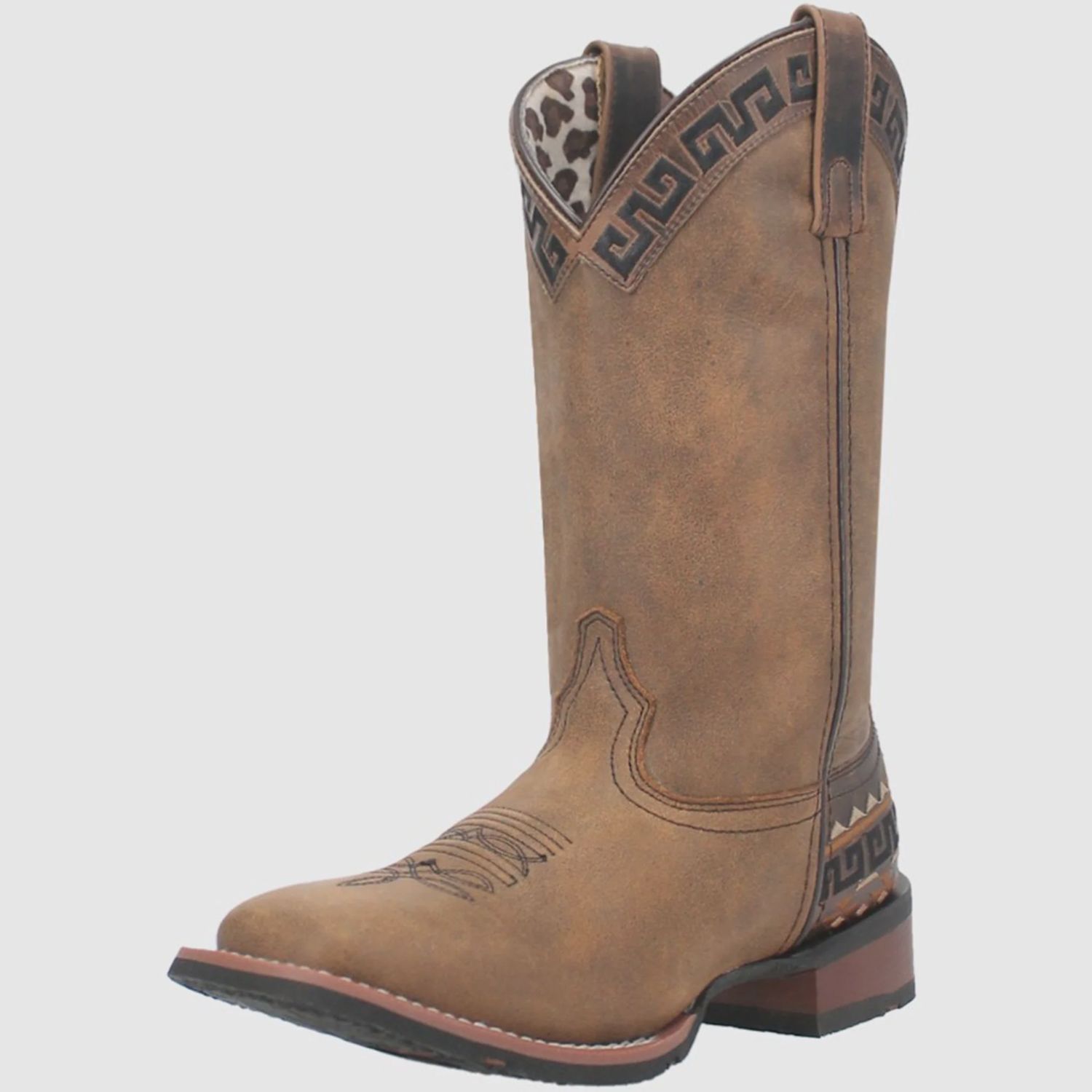 5683 WOMEN&#39;S LAREDO ATZI TAN SQUARE-TOE WESTERN BOOT W/ AZTEC EMBROIDERY ON HEEL &amp; TOP OF SHAFT