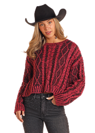 BW32T05271 WOMEN&#39;S ROCK &amp; ROLL CABLE KNIT BOXY SWEATER