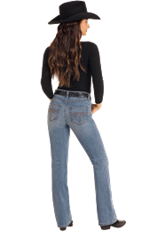 BW4MD05314 WOMEN&#39;S ROCK &amp; ROLL DISTRESSED MID-RISE BOOT CUT JEANS