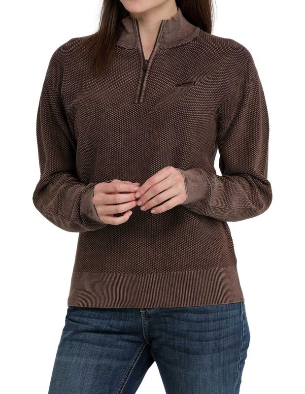 MAK9911001 WOMEN&#39;S CINCH BROWN 1/4 ZIP SWEATER