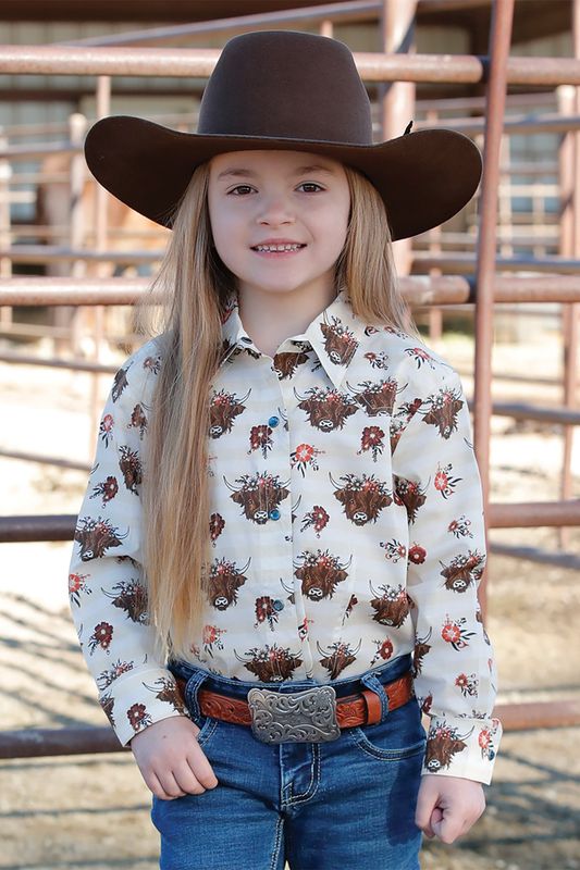 CTW8040007 GIRL&#39;S LONG-SLEEVE CREAM GRAPHIC WESTERN SHIRT