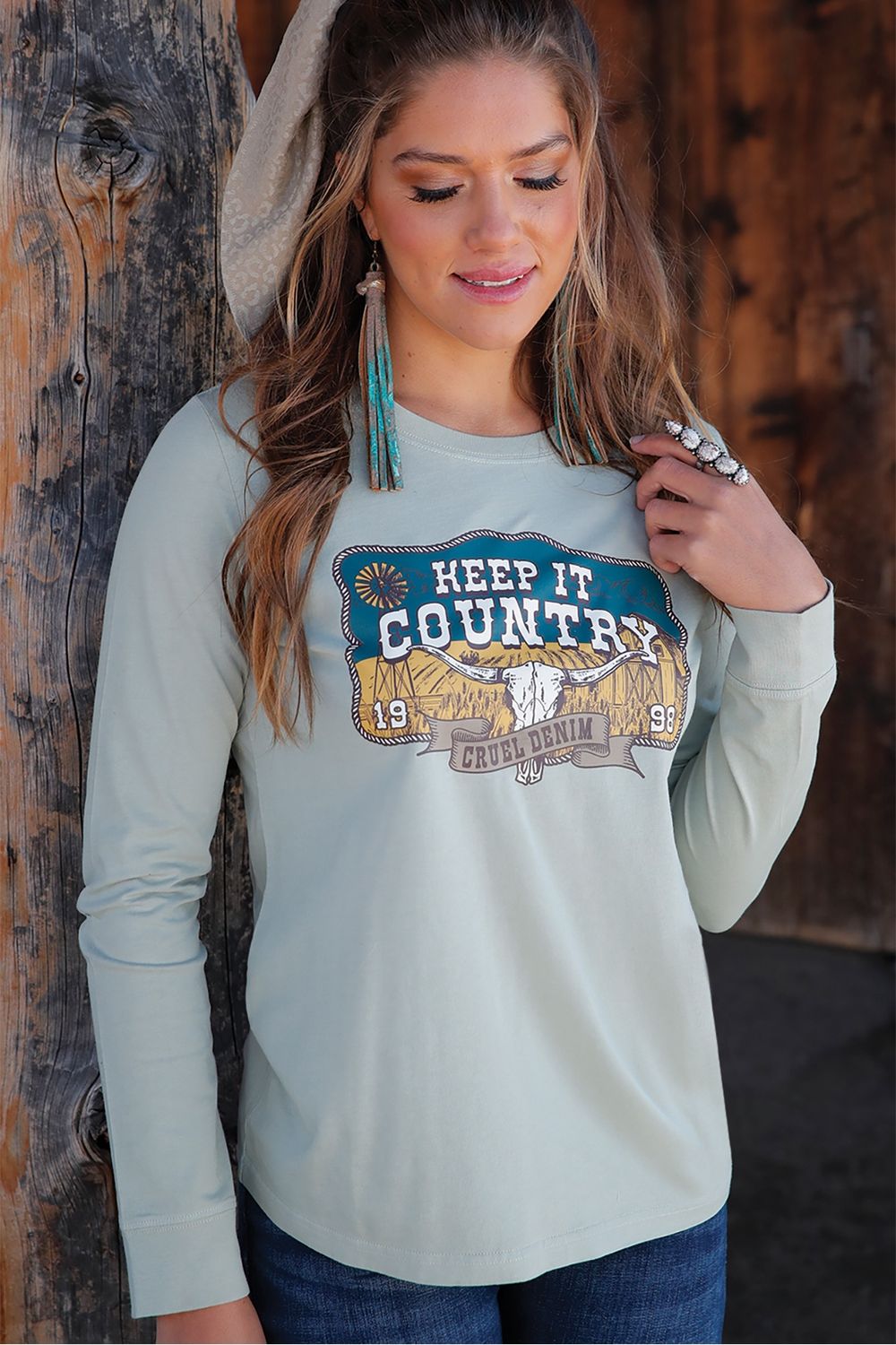 CTK7459005 WOMEN&#39;S CRUEL GIRL GREEN LONG-SLEEVE GRAPHIC TEE