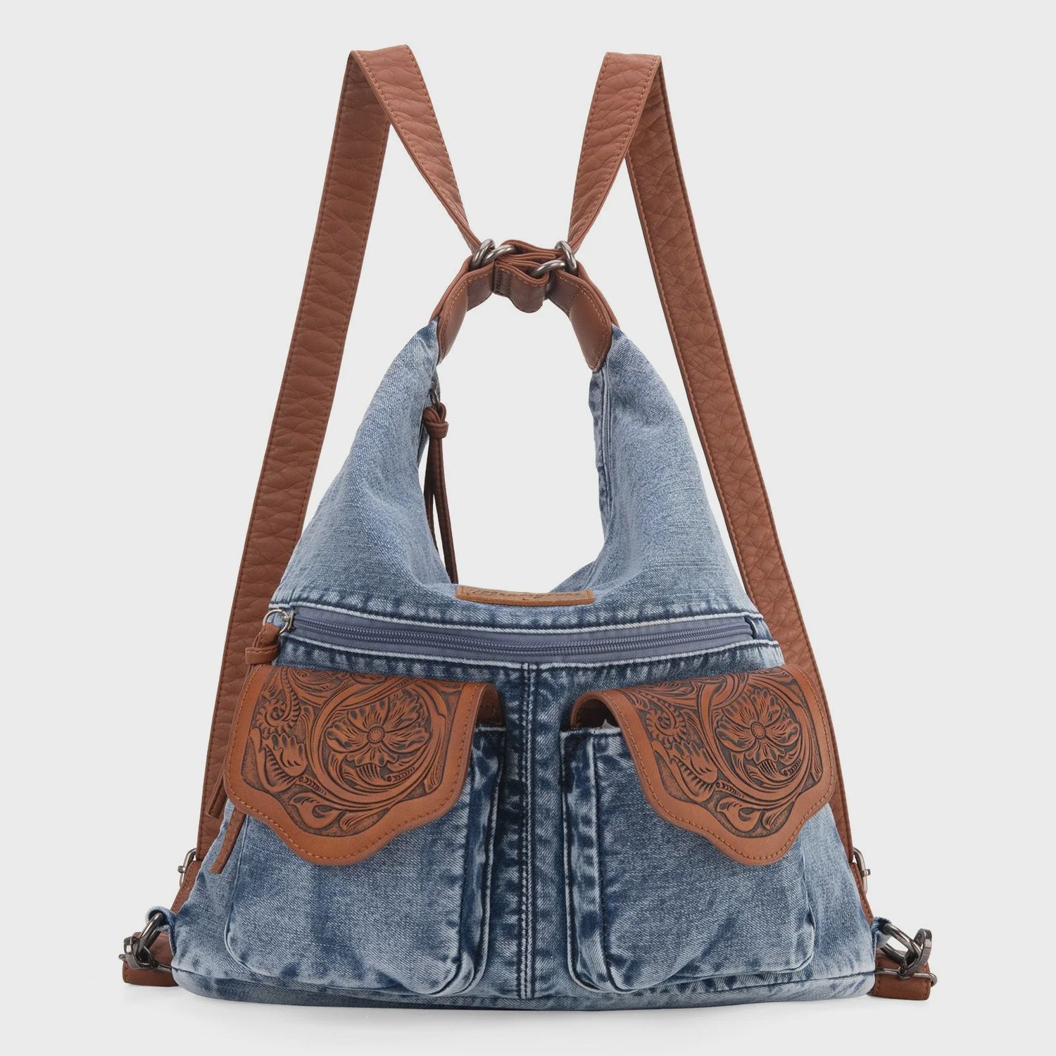 WG103-2008 WRANGLER FLORAL TOOLED DENIM HOBO / CROSSBODY CONVERTIBLE BACKPACK - JEAN
