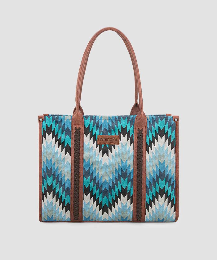 WG2211-8119 WRANGLER SOUTHWESTERN PATTERN DUAL SIDED PRINT CONCEALED CARRY WIDE TOTE - JEAN