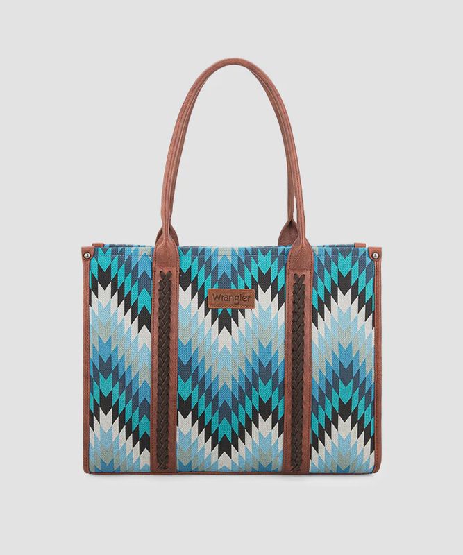 WG2211-8119 WRANGLER SOUTHWESTERN PATTERN DUAL SIDED PRINT CONCEALED CARRY WIDE TOTE - JEAN