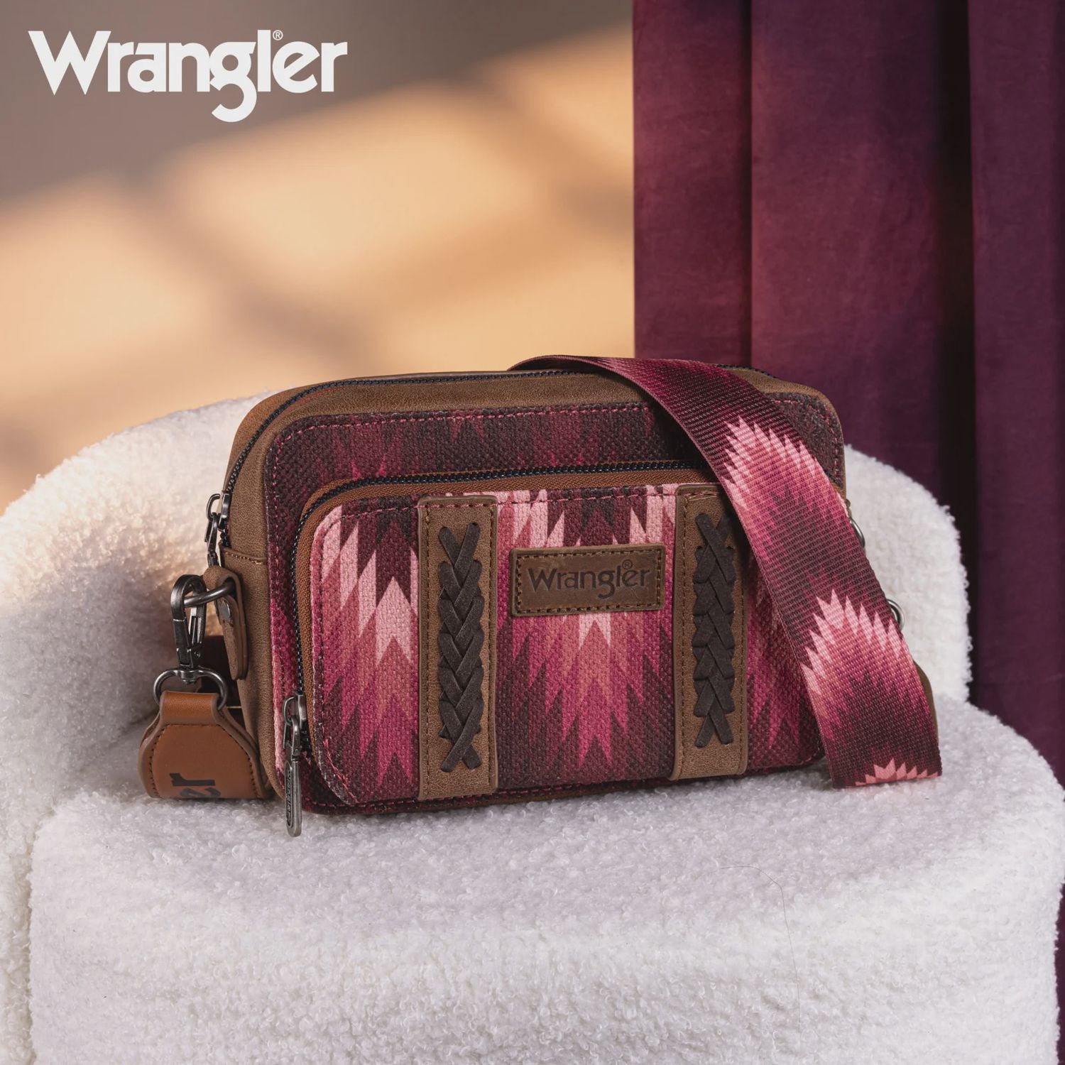 WG2211-3003 WRANGLER SOUTHWESTERN PATTERN DUAL SIDED PRINT CROSSBODY PURSE WITH WALLET COMPARTMENT - DARK PINK