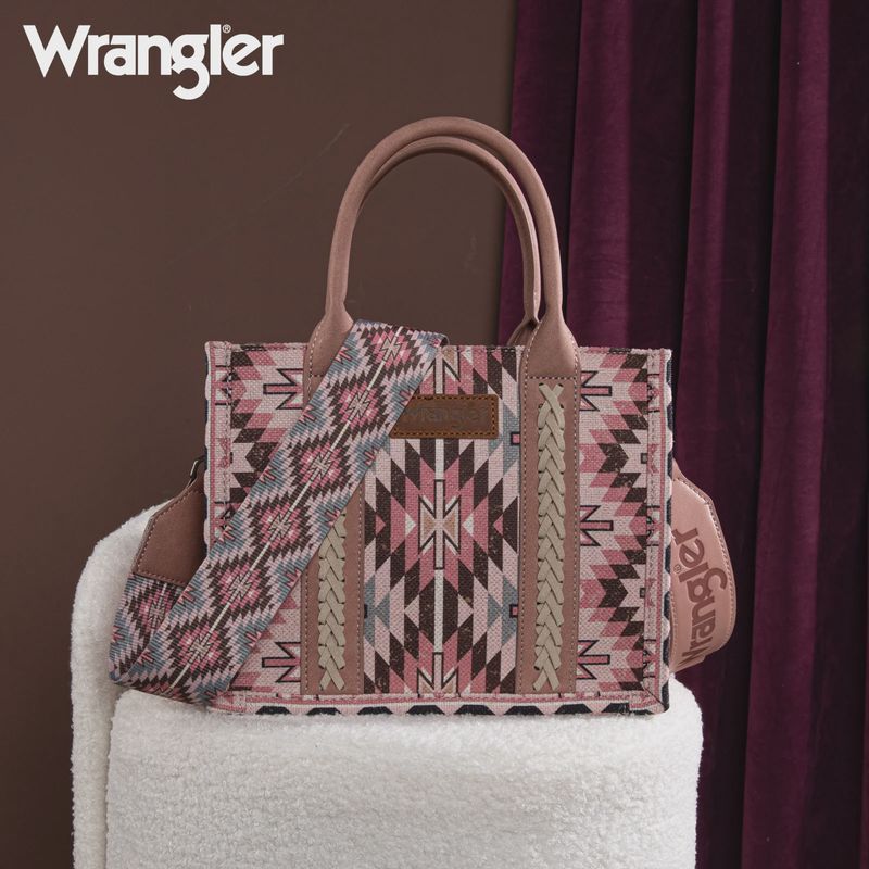 WG2213-8120S WRANGLER SOUTHWESTERN PATTERN DUAL SIDED PRINT TOTE/CROSSBODY - DARK PINK