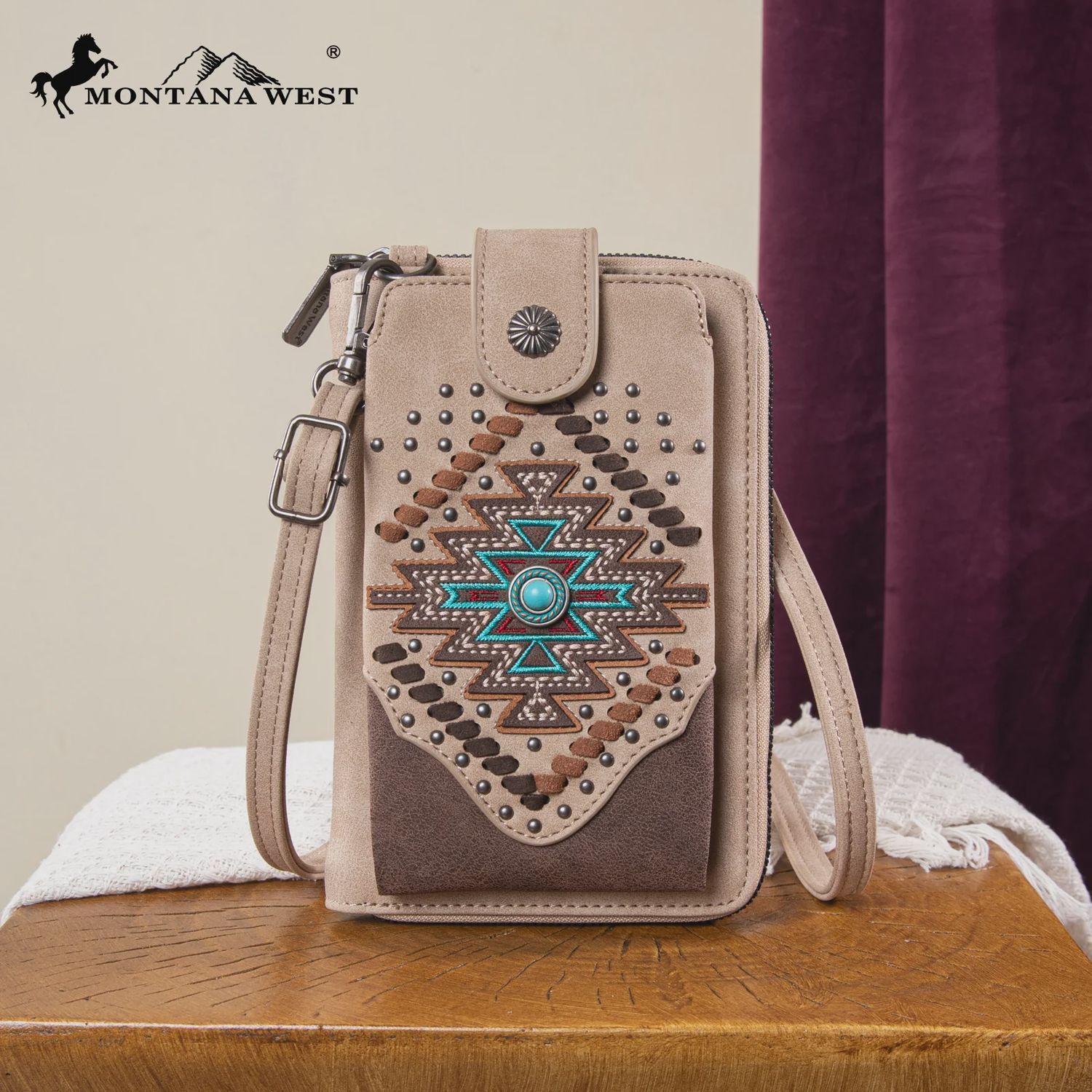 MW1315-183 MONTANA WEST EMBROIDERED AZTEC COLLECTION PHONE WALLET/CROSSBODY - TAN