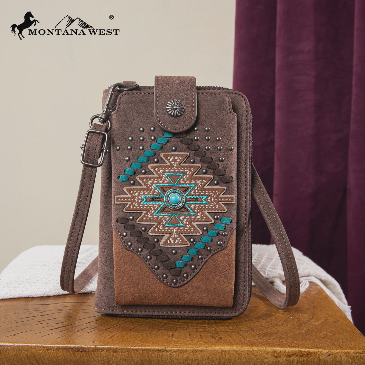 MW1315-183 MONTANA WEST EMBROIDERED AZTEC COLLECTION PHONE WALLET/CROSSBODY - COFFEE