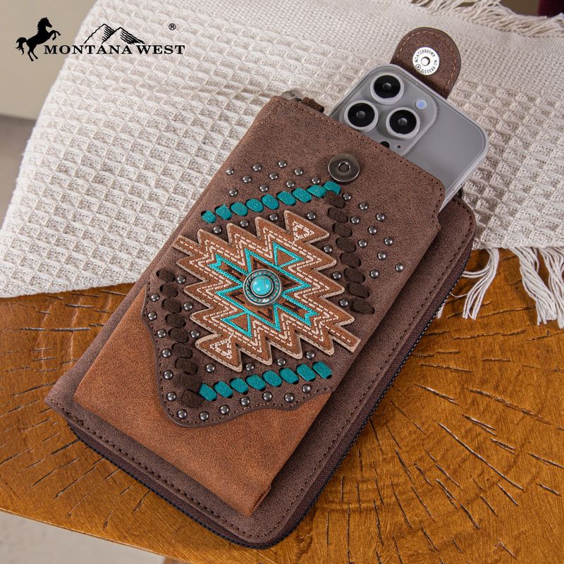 MW1315-183 MONTANA WEST EMBROIDERED AZTEC COLLECTION PHONE WALLET/CROSSBODY - COFFEE