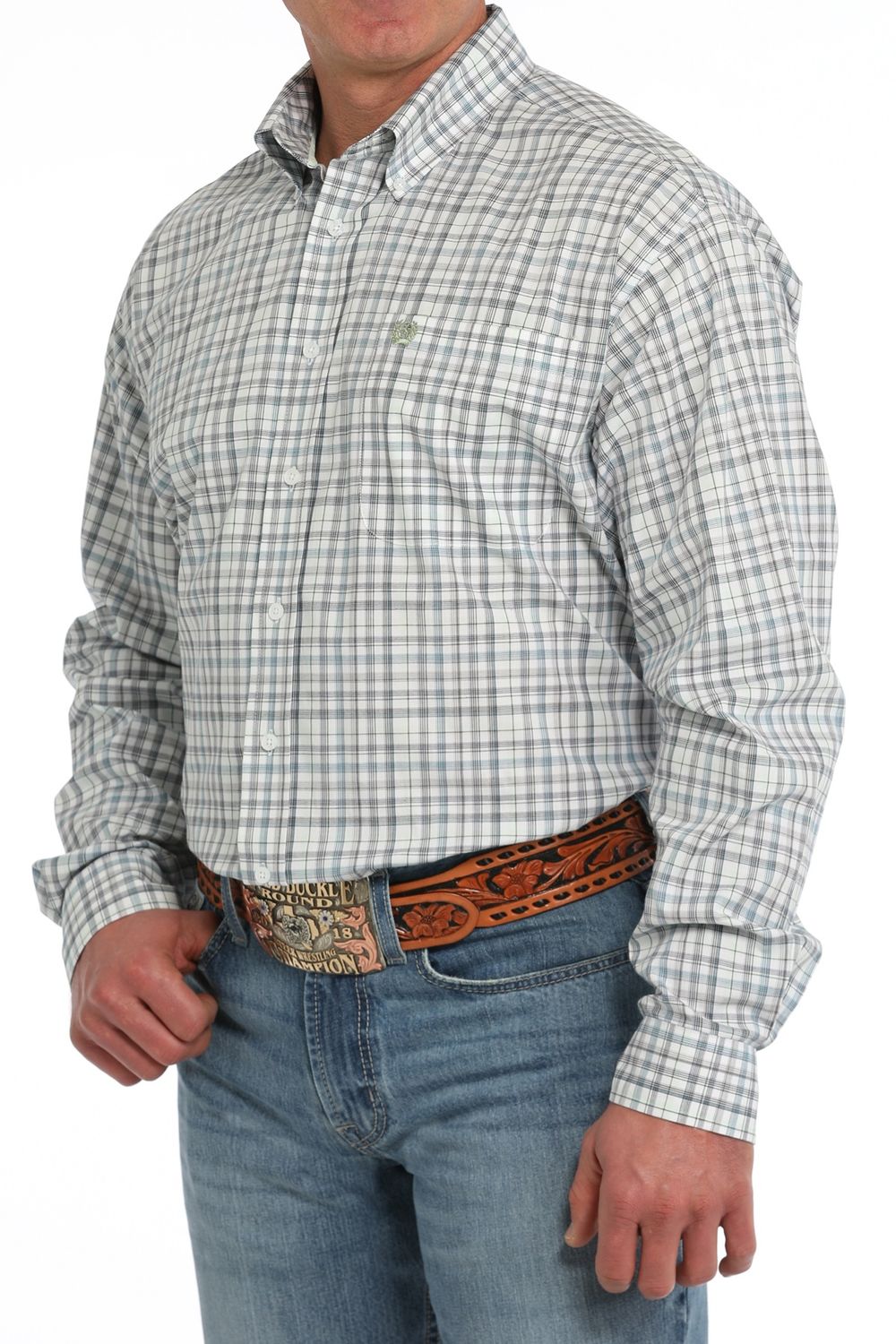 MTW1105860 MEN&#39;S CINCH LONG-SLEEVE BUTTON DOWN PLAID WESTERN SHIRT - WHITE