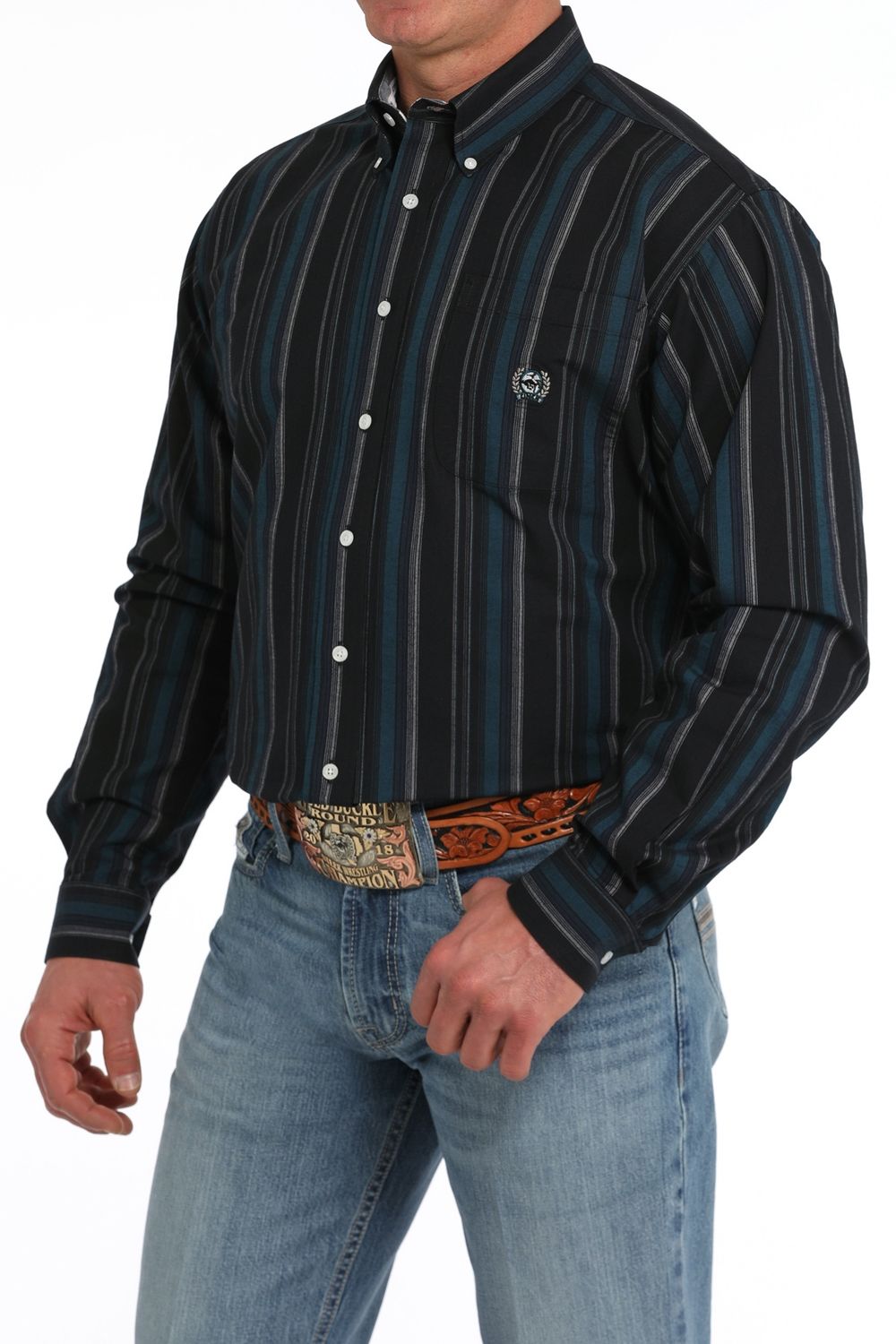 MTW1242005 MEN&#39;S CINCH LONG-SLEEVE OXFORD STRIPED BUTTON DOWN - BLACK