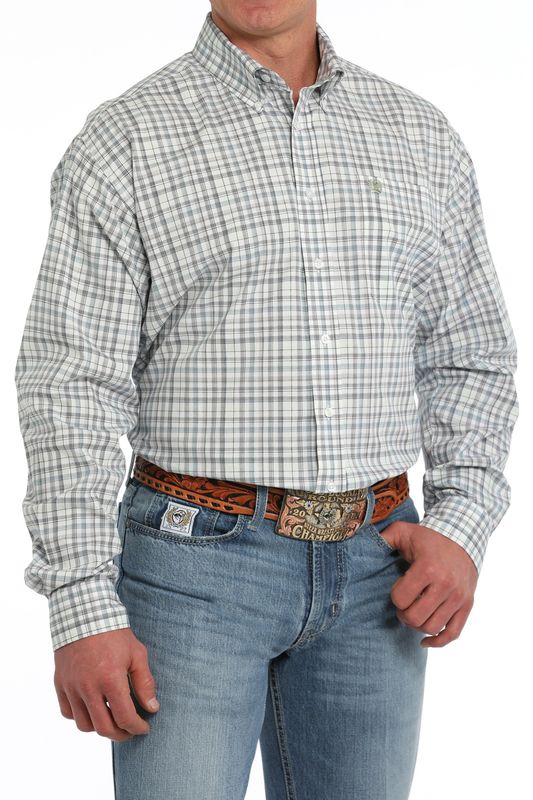 MTW1105860 MEN'S CINCH LONG-SLEEVE BUTTON DOWN PLAID WESTERN SHIRT - WHITE