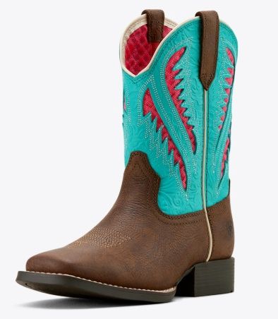 10061194 GIRL&#39;S ARIAT RICH CLAY &amp; TURQUOISE FLORAL EMBOSS QUICKDRAW VENTTEK WIDE SQUARE TOE WESTERN BOOT