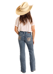 BG4MD06026 GIRL&#39;S ROCK &amp; ROLL STEER HEAD EMBROIDERED BOOT CUT JEAN