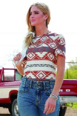 CTK7450014 WOMEN&#39;S CRUEL GIRL SHORT-SEEVE AZTEC PRINTED SHORT-SLEEVE TEE