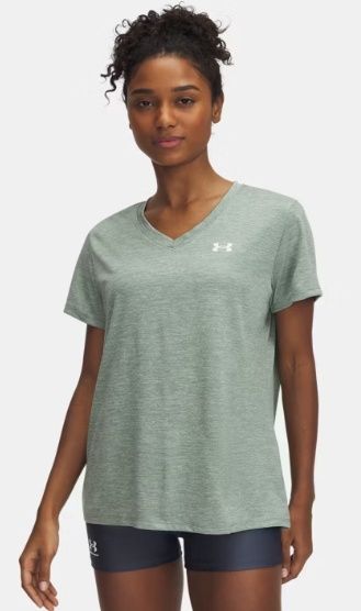 1384227-348 WOMEN&#39;S UNDER ARMOUR UA TECH TWIST V-NECK SHORT-SLEEVE TEE - SILICA GREEN &amp; WHITE