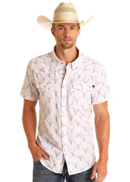 BMN3S05958 MEN&#39;S ROCK &amp; ROLL WHITE LONGHORN PRINT SHORT-SLEEVE TEK SNAP WESTERN SHIRT