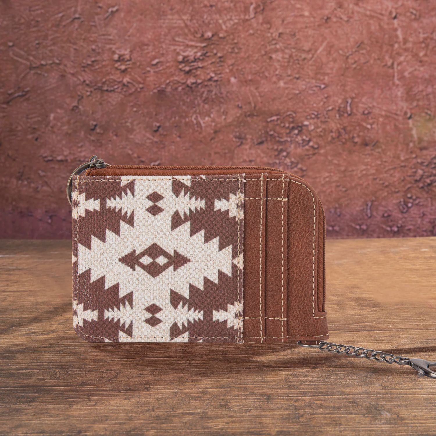 WG2203-W005 WRANGLER SOUTHWESTERN ART PRINT MINI ZIP CARD CASE - LIGHT COFFEE