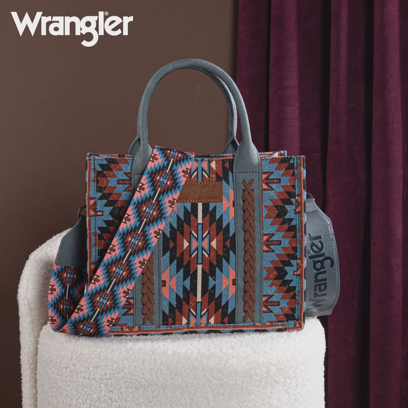WG2213-8120S WRANGLER SOUTHWESTERN PATTERN DUAL SIDED PRINT TOTE / CROSSBODY - NAVY