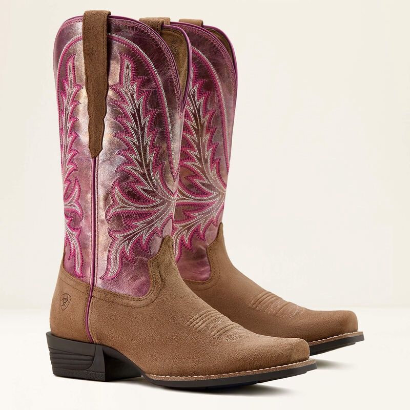 10061145 WOMEN&#39;S ARIAT TAWNY ROUGHOUT &amp; VIOLET PINK SHINE ROCK CREEK CUTTER TOE WESTERN BOOT