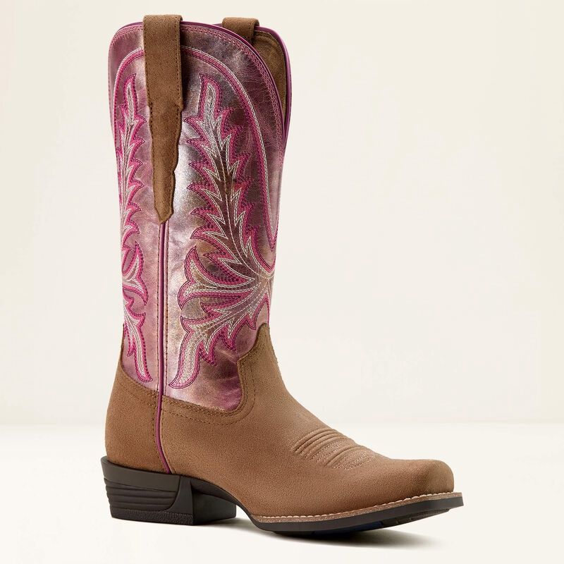10061145 WOMEN'S ARIAT TAWNY ROUGHOUT &amp; VIOLET PINK SHINE ROCK CREEK CUTTER TOE WESTERN BOOT
