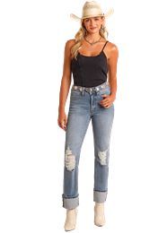 BW1MD06034 WOMEN&#39;S ROCK &amp; ROLL MEDIUM WASH DISTRESSED MODEST BOOT JEAN W/ TUMMY SLIMMING TECHNOLOGY