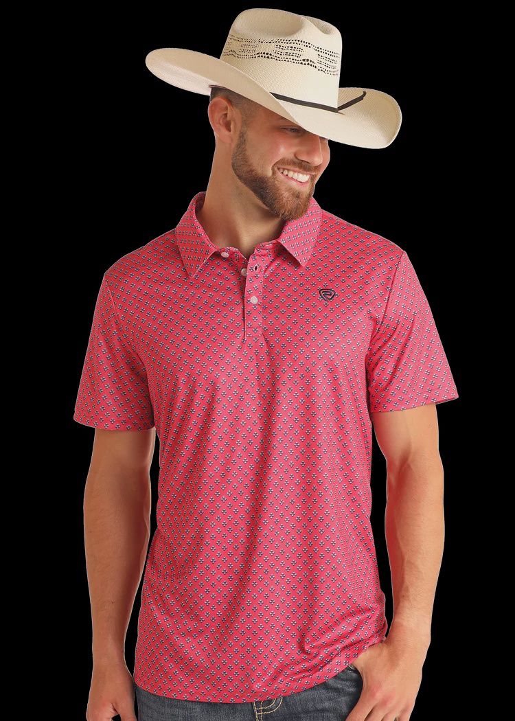 BM51T06001 MEN&#39;S ROCK &amp; ROLL HOT PINK GEO PRINTED POLO