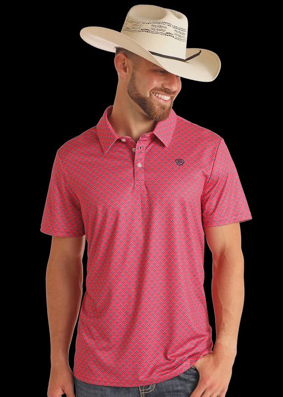 BM51T06001 MEN&#39;S ROCK &amp; ROLL HOT PINK GEO PRINTED POLO