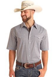 RMN3S05680 MEN&#39;S PANHANDLE BLUE PRINT SHORT-SLEEVE PEARL SNAP WESTERN SHIRT